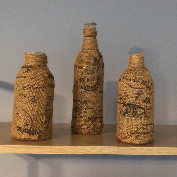 Set of 3 burlap and twine wrapped glass bottles. - Picture 2 of 8